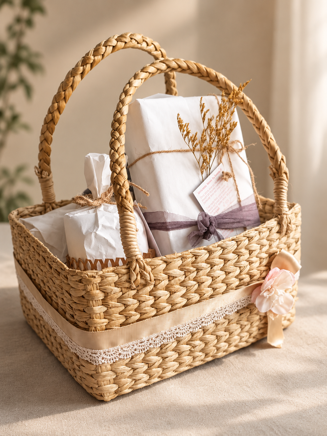 Rustic woven gift basket with dried flowers